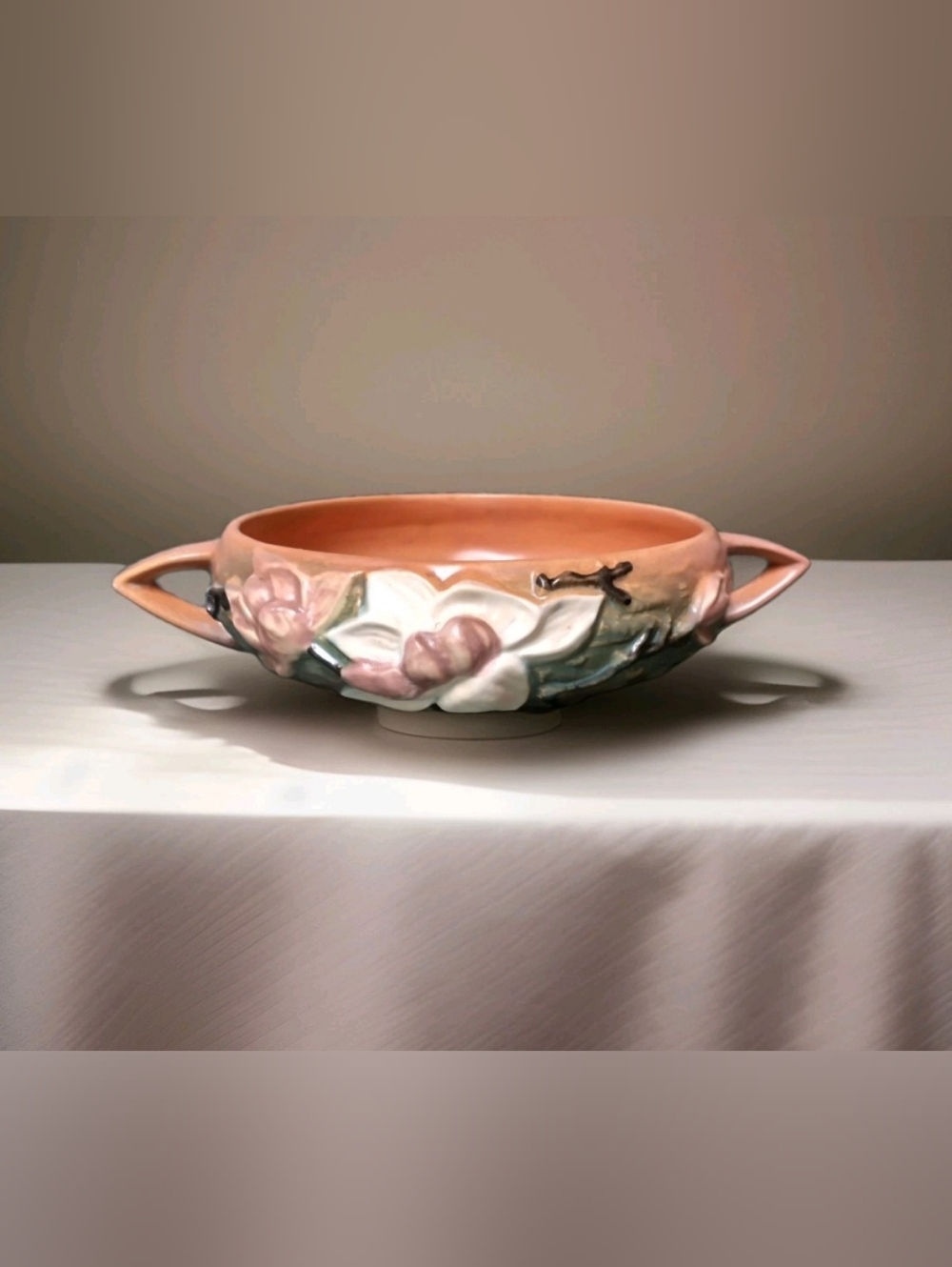Roseville USA Pottery Magnolia Planter Bowl #447 Double Handles Orange/Brown